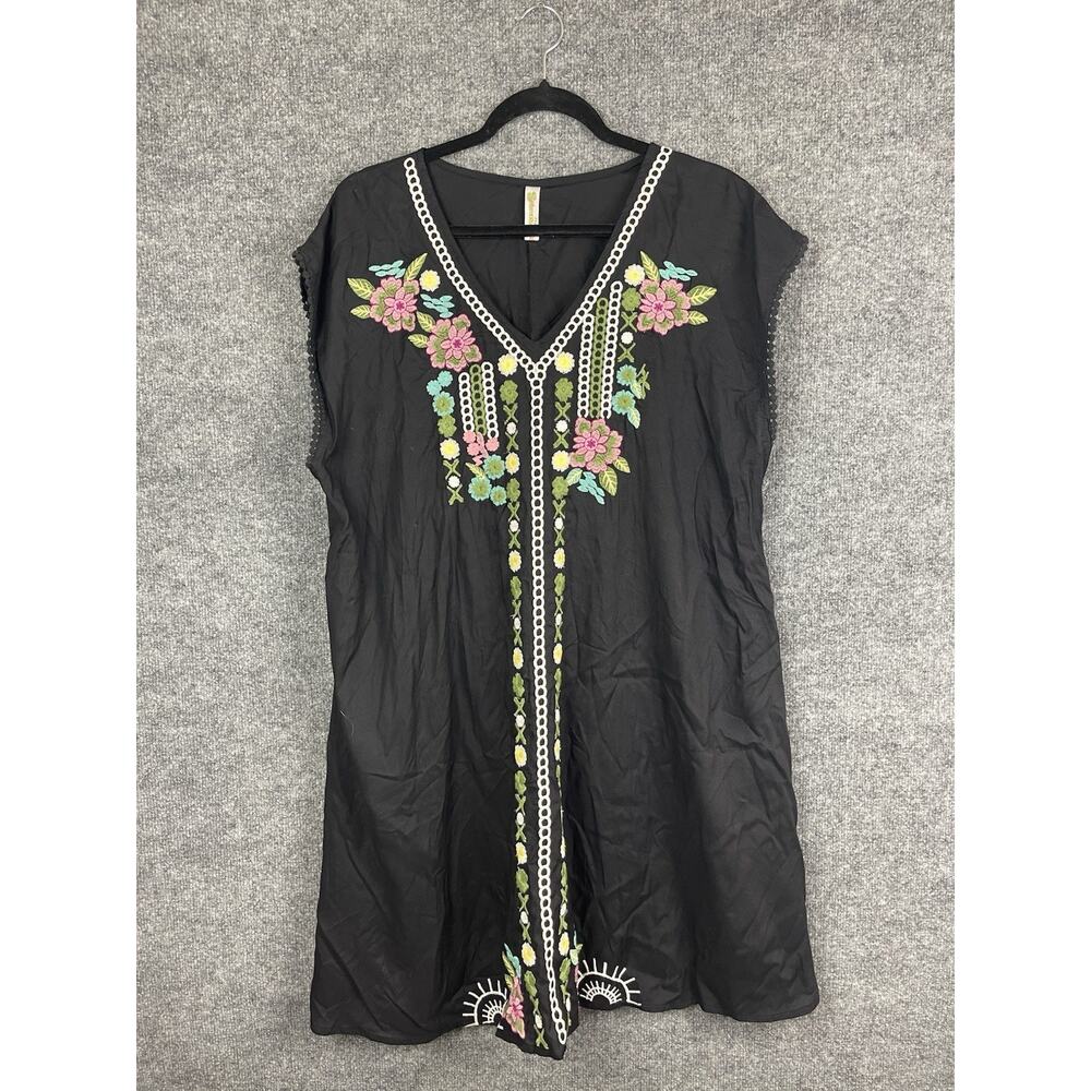 Shorline Floral Embroidery Cap Sleeves Dress Black XL